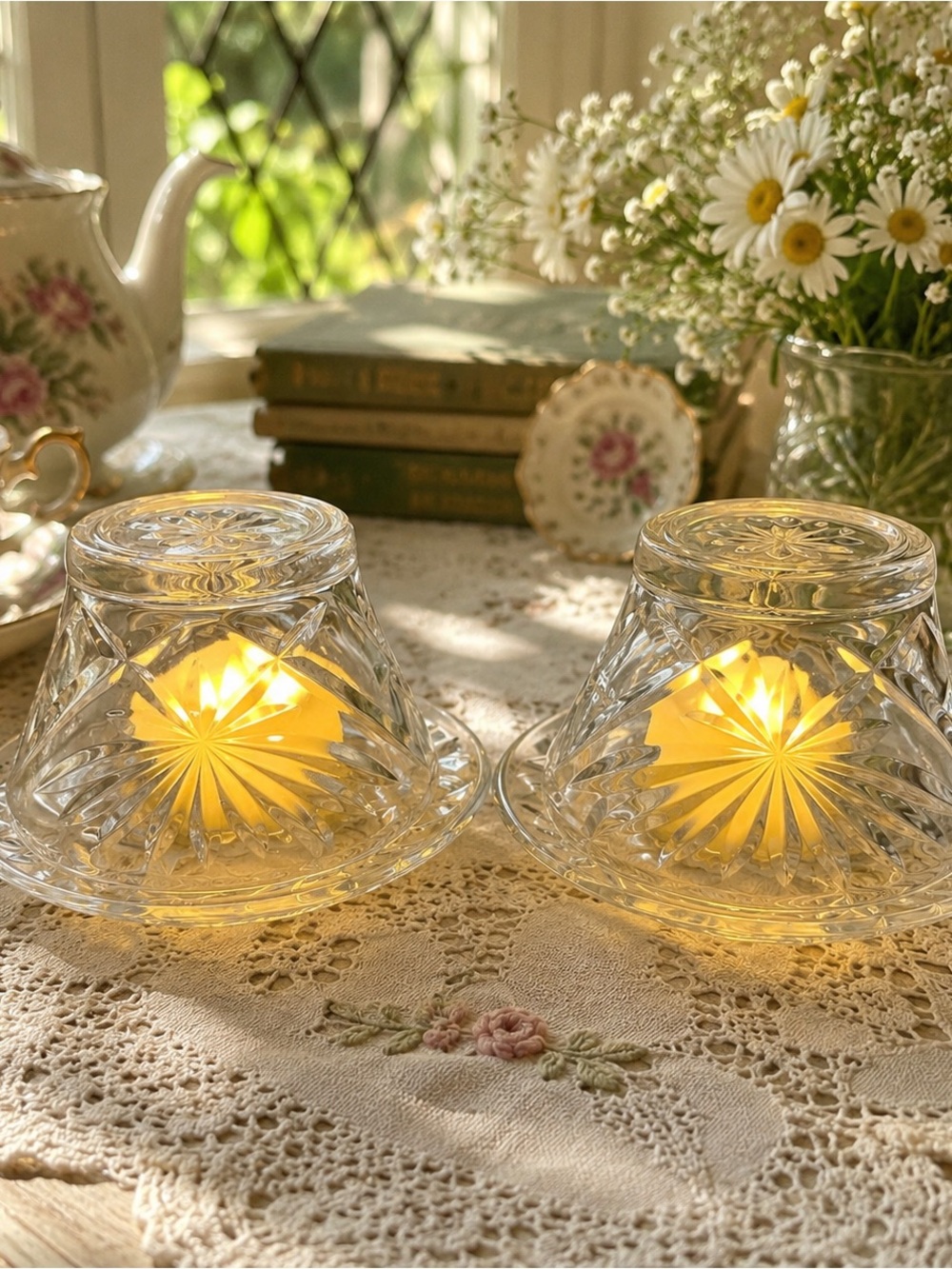 Pair of Vintage Pressed Glass Fairy Lamps | Matching Custard Cups & Saucers